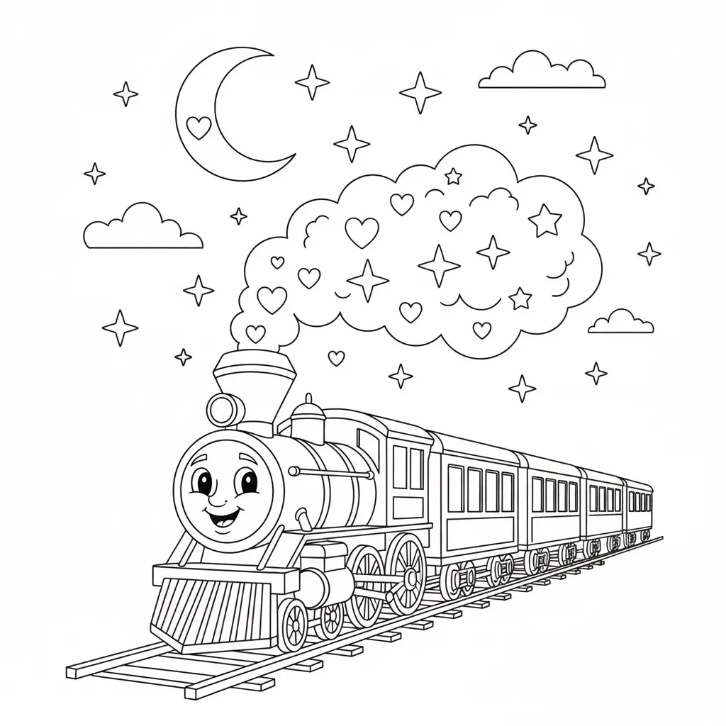 דף צביעה של רכבת ירח וכוכבים להדפסה