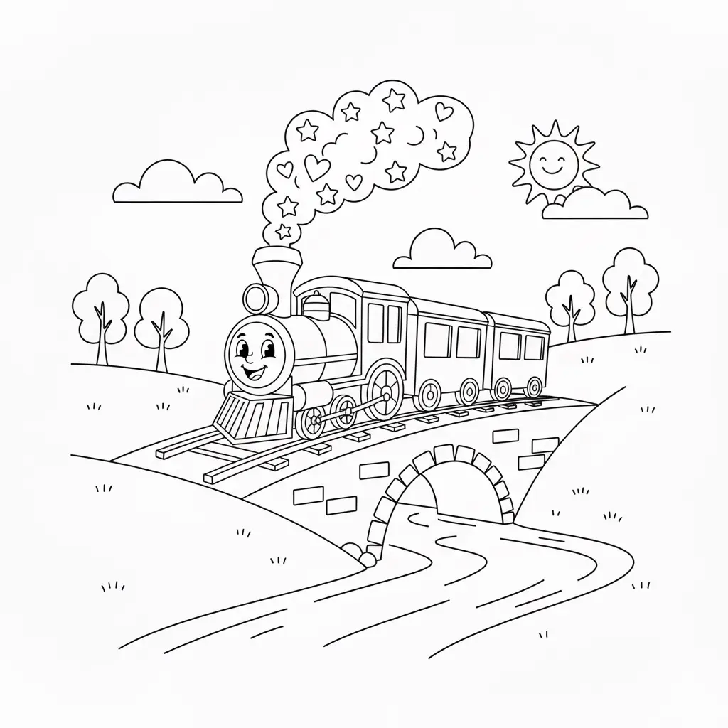 דף צביעה של רכבת על הגשר להדפסה