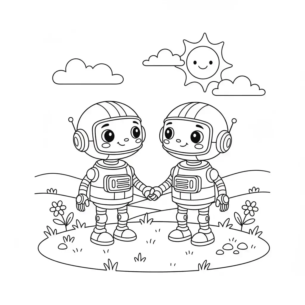 דף צביעה של שני רובוטים חברים להדפסה