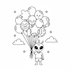 דף צביעה של חייזר מחזיק בלונים להדפסה