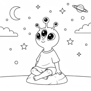 דף צביעה של חייזר מביט בכוכבים להדפסה