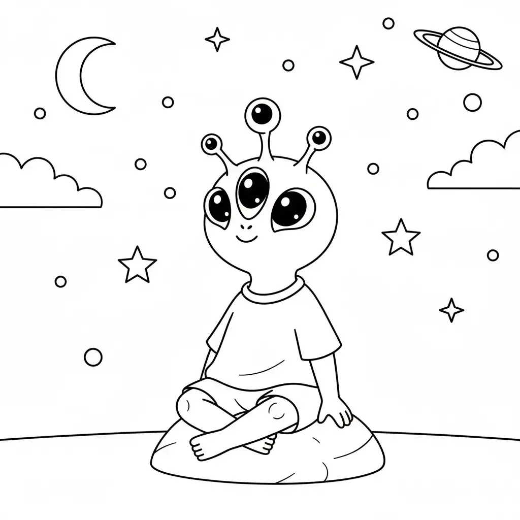 דף צביעה של חייזר מביט בכוכבים להדפסה