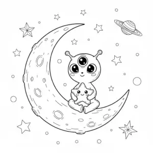 דף צביעה של חייזר יושב על הירח להדפסה