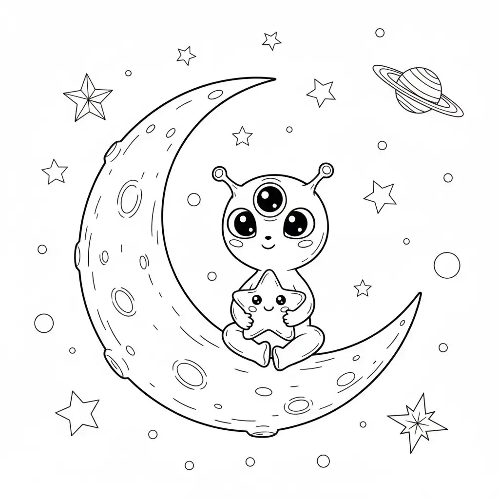 דף צביעה של חייזר יושב על הירח להדפסה