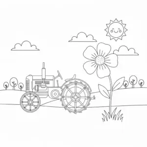 דף צביעה של טרקטור ישן ופרח להדפסה