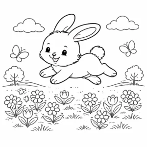 דף צביעה של ארנב קופץ בפרחי האביב להדפסה