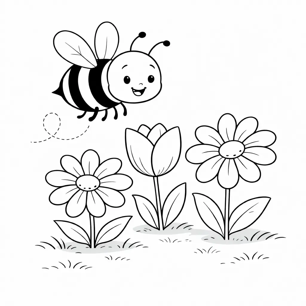 דף צביעה של דבורה מעופפת באביב להדפסה