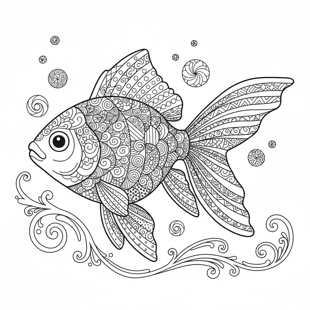 דף צביעה של דג ובועות זנטנגל להדפסה