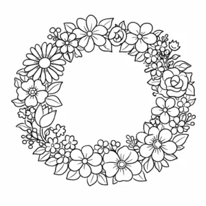 דף צביעה של זר פרחים עגול להדפסה