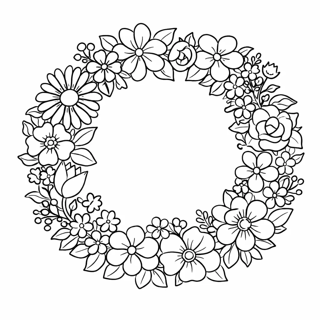 דף צביעה של זר פרחים עגול להדפסה