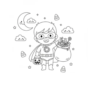 דף צביעה של ילד ושקית ממתקים האלווין להדפסה