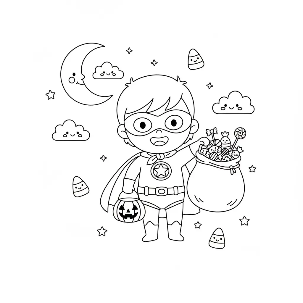 דף צביעה של ילד ושקית ממתקים האלווין להדפסה