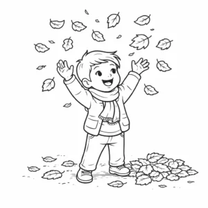 דף צביעה של ילד מעיף עלי שלכת בסתיו להדפסה