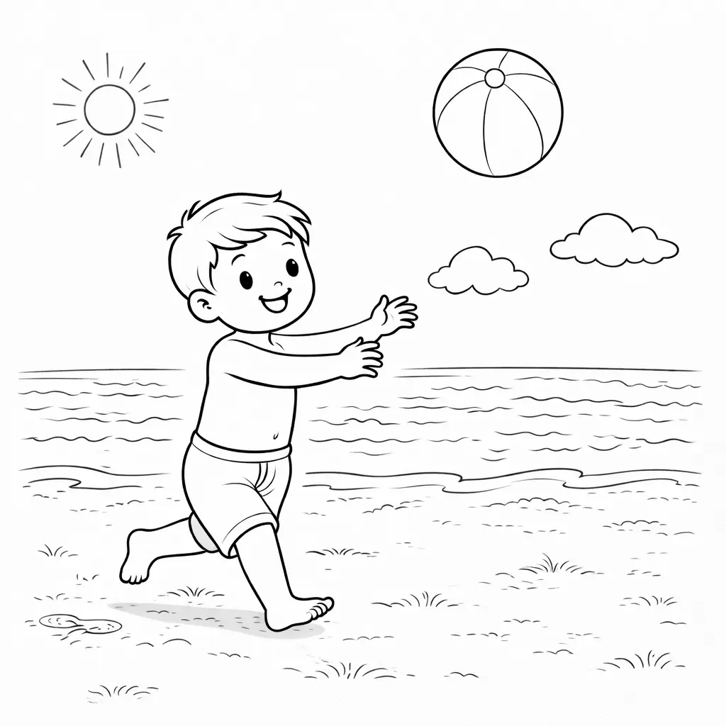 דף צביעה של ילד משחק על חוף הים בקיץ להדפסה