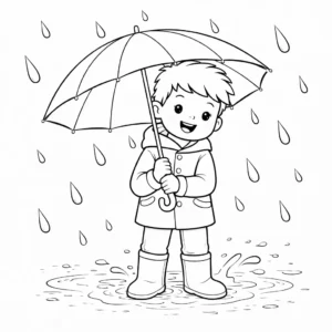 דף צביעה של ילד עם מטריה בחורף להדפסה