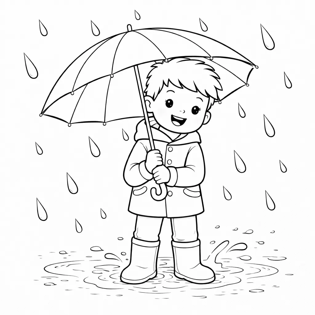דף צביעה של ילד עם מטריה בחורף להדפסה