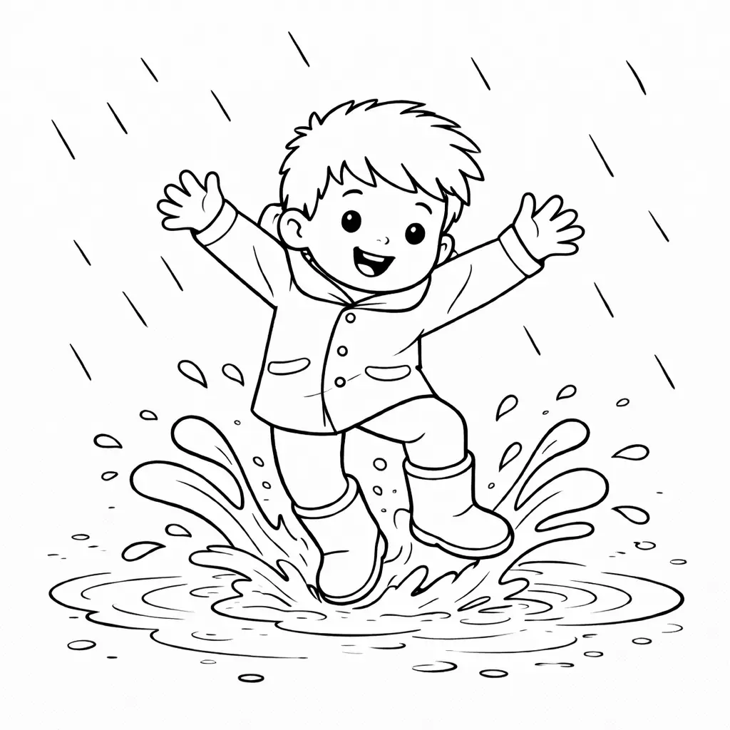 דף צביעה של ילד קופץ בשלוליות בחורף להדפסה