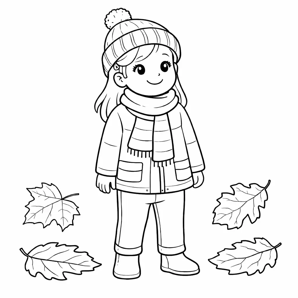דף צביעה של ילדה בבגדי סתיו להדפסה