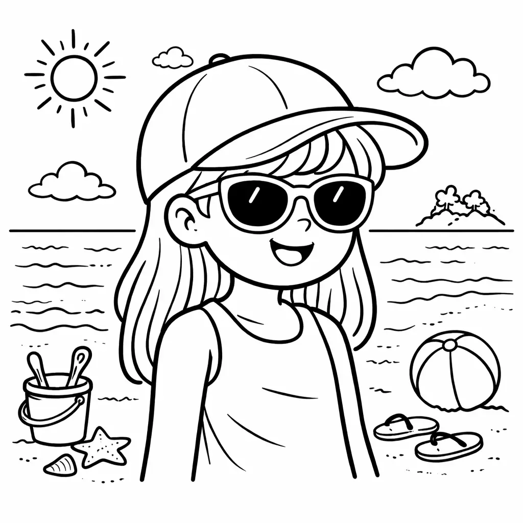 דף צביעה של ילדה בים בקיץ להדפסה