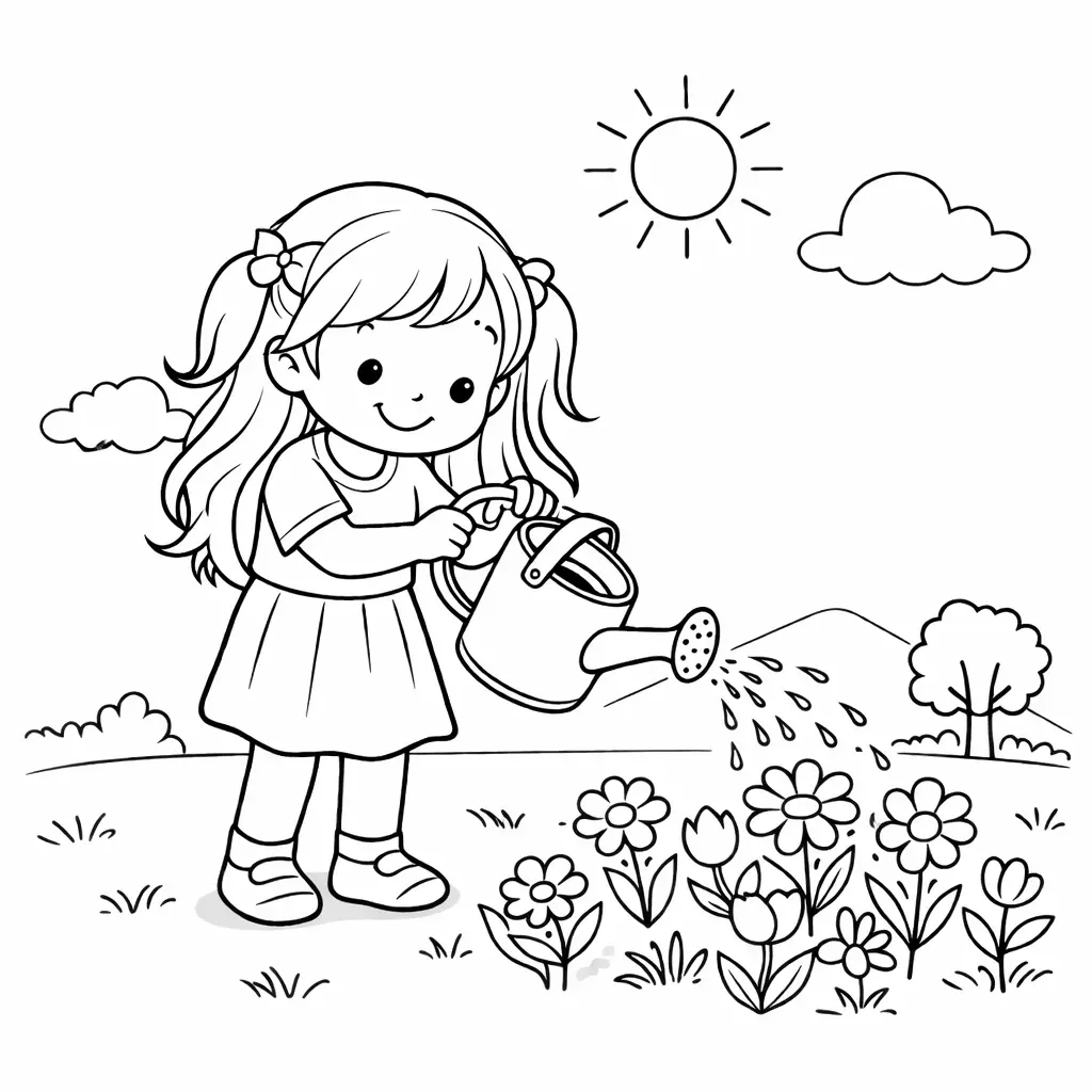 דף צביעה של ילדה משקה פרחים באביב להדפסה