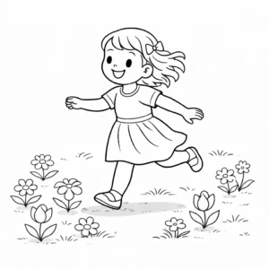 דף צביעה של ילדה רצה בשדה פרחים באביב להדפסה