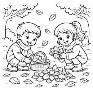 דף צביעה של ילדים אוספים עלים בסתיו להדפסה