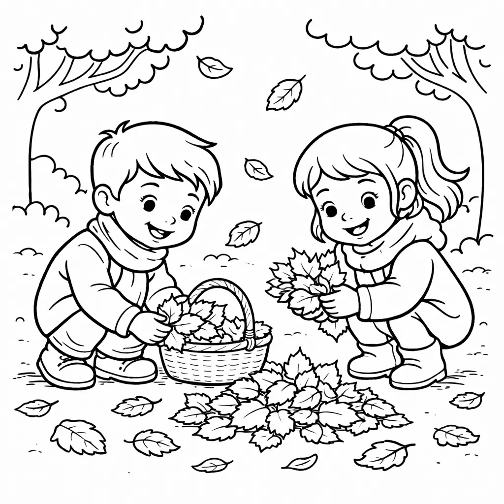 דף צביעה של ילדים אוספים עלים בסתיו להדפסה
