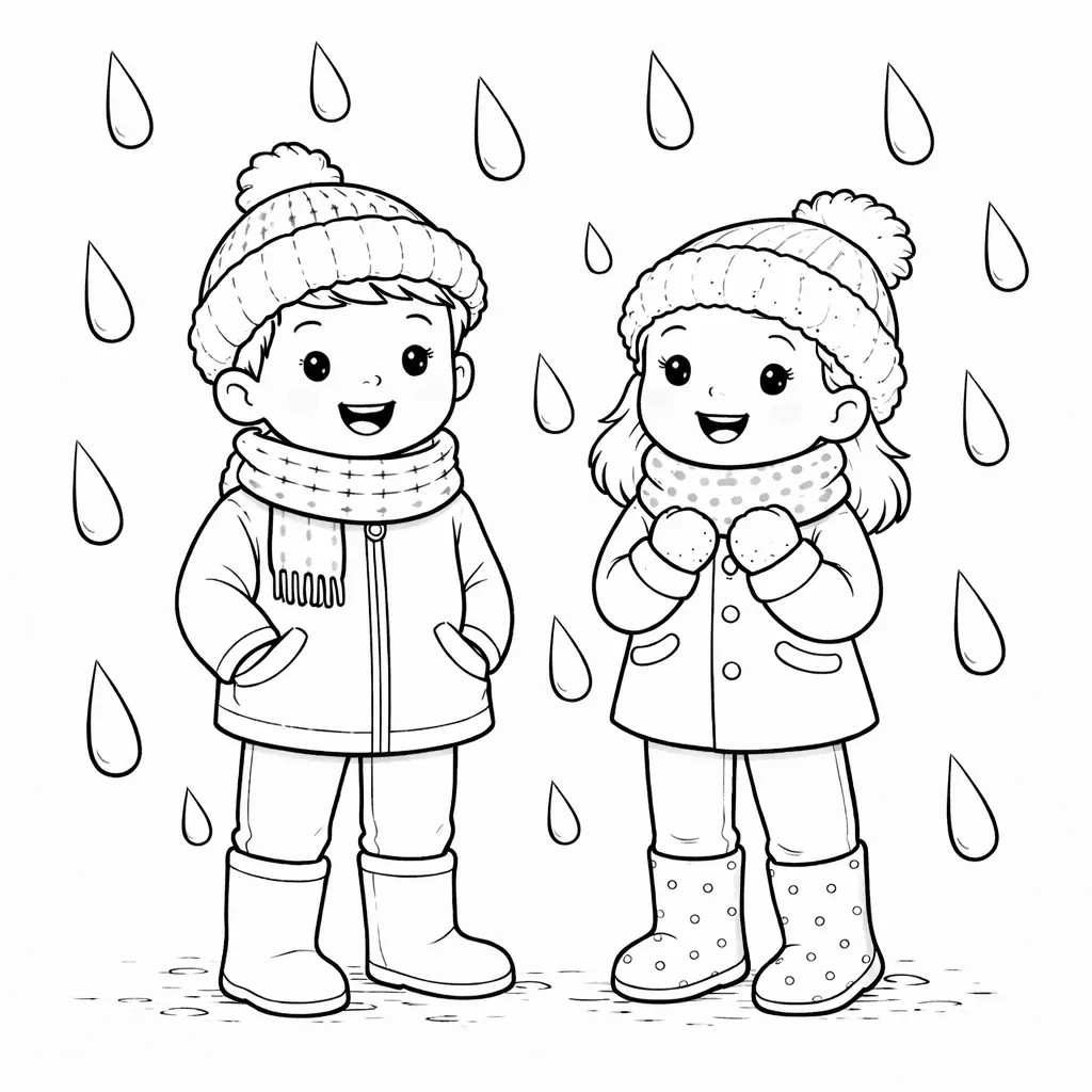 דף צביעה של ילדים בגשם בחורף להדפסה