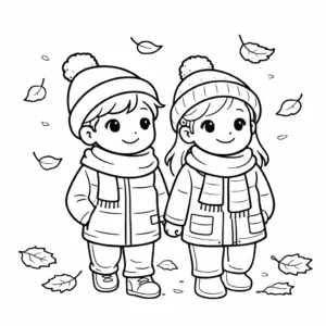 דף צביעה של ילדים הולכיים בסתיו להדפסה