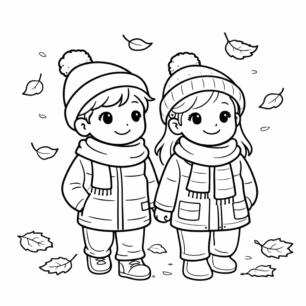 דף צביעה של ילדים הולכיים בסתיו להדפסה
