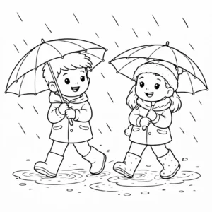 דף צביעה של ילדים הולכים עם מטריות בחורף להדפסה