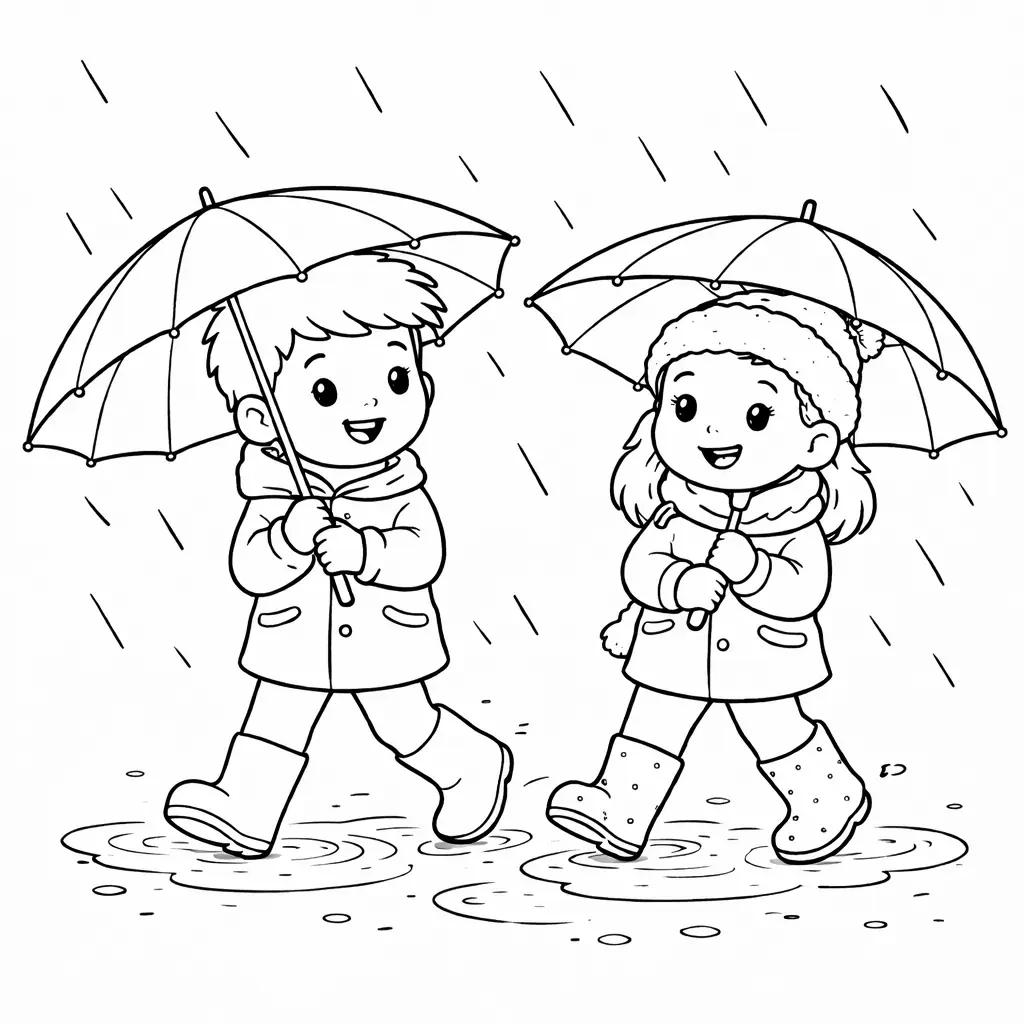 דף צביעה של ילדים הולכים עם מטריות בחורף להדפסה