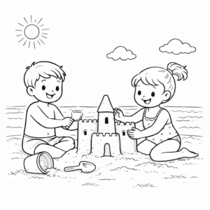דף צביעה של ילדים וארמון חול בקיץ להדפסה