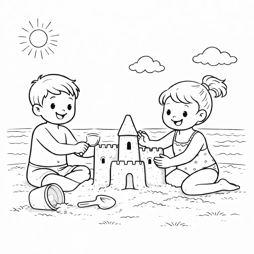 דף צביעה של ילדים וארמון חול בקיץ להדפסה