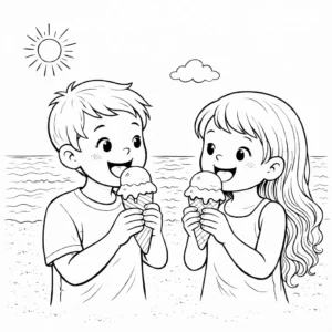 דף צביעה של ילדים וגלידה בקיץ להדפסה