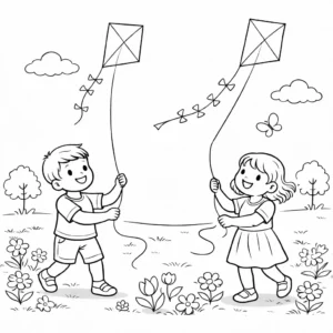 דף צביעה של ילדים ועפיפונים באביב להדפסה