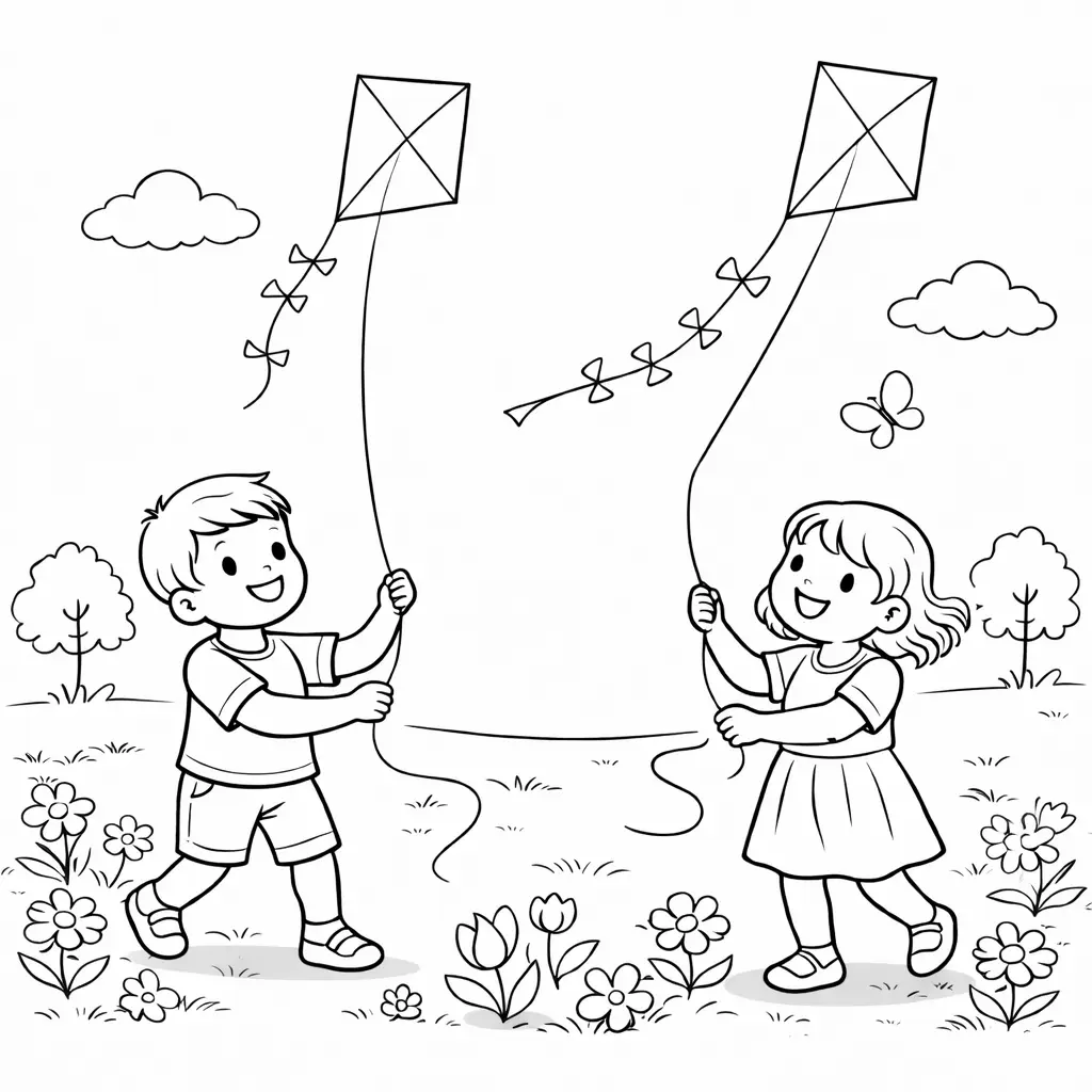 דף צביעה של ילדים ועפיפונים באביב להדפסה