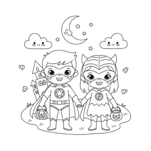 דף צביעה של ילדים מחופשים האלווין להדפסה