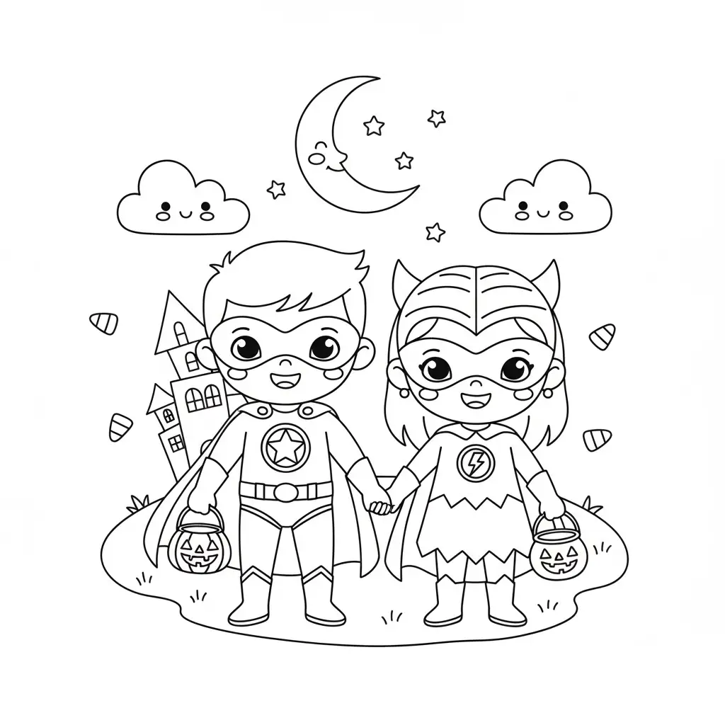 דף צביעה של ילדים מחופשים האלווין להדפסה