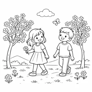 דף צביעה של ילדים מטיילים באביב להדפסה