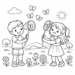 דף צביעה של ילדים משחררים פרפרים באביב להדפסה