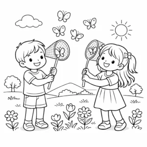 דף צביעה של ילדים משחררים פרפרים באביב להדפסה