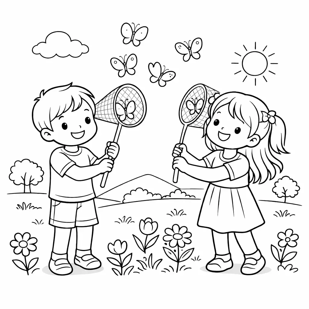 דף צביעה של ילדים משחררים פרפרים באביב להדפסה