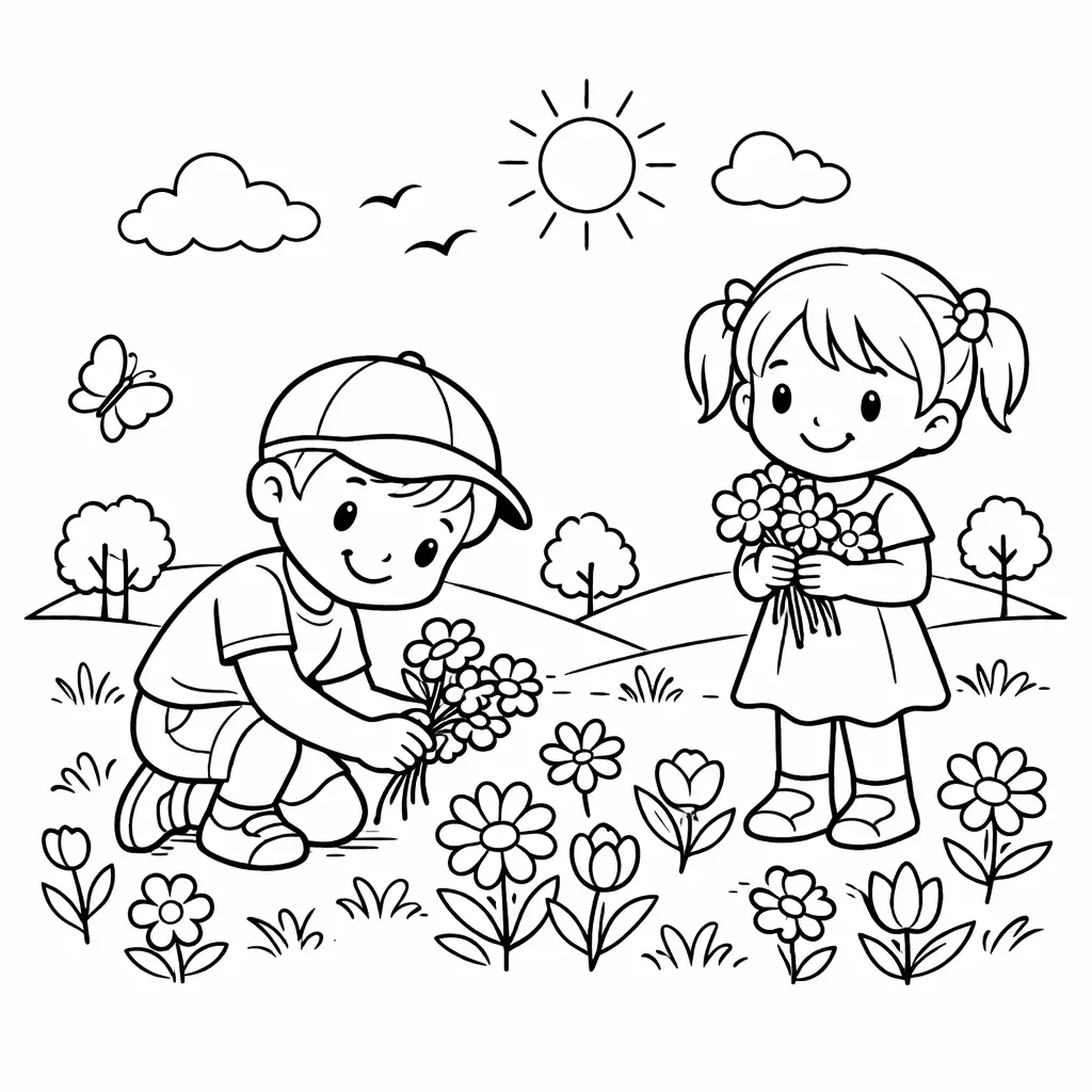דף צביעה של ילדים קוטפים פרחי אביב להדפסה