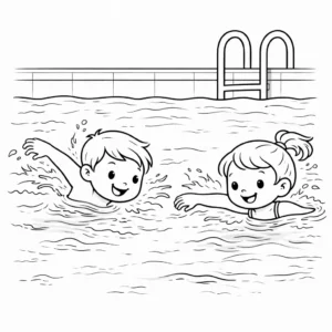 דף צביעה של ילדים שוחים בבריכה בקיץ להדפסה