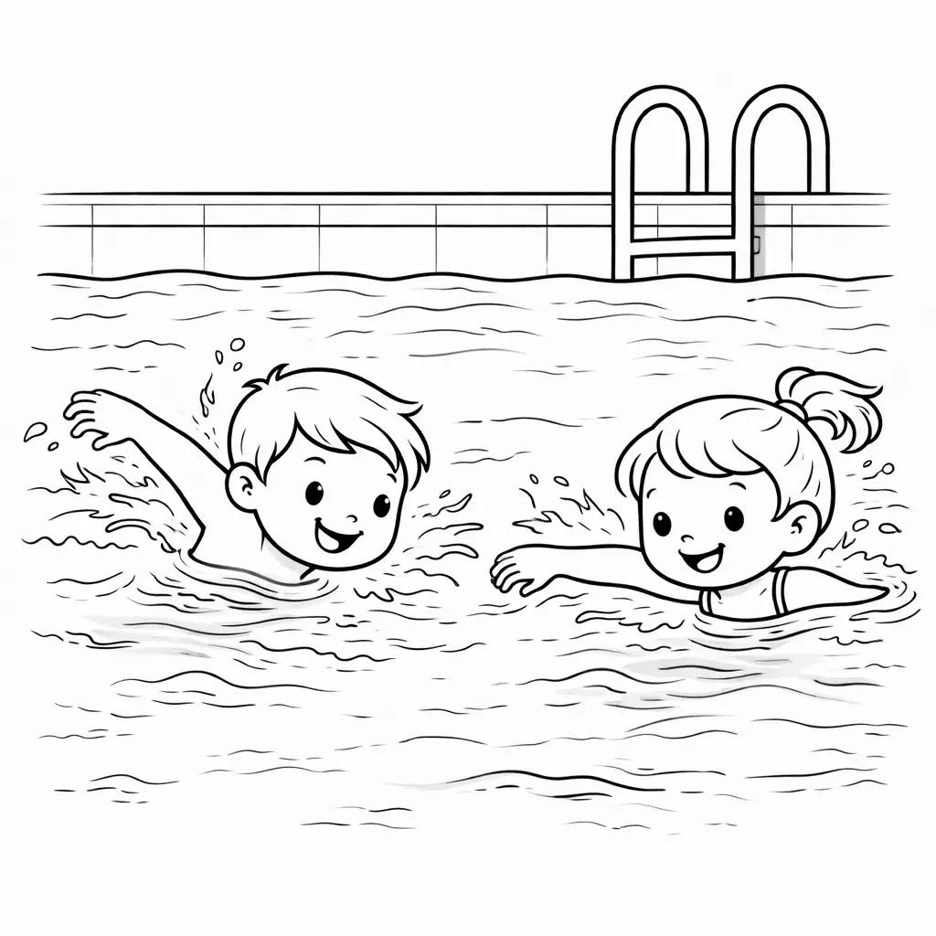 דף צביעה של ילדים שוחים בבריכה בקיץ להדפסה