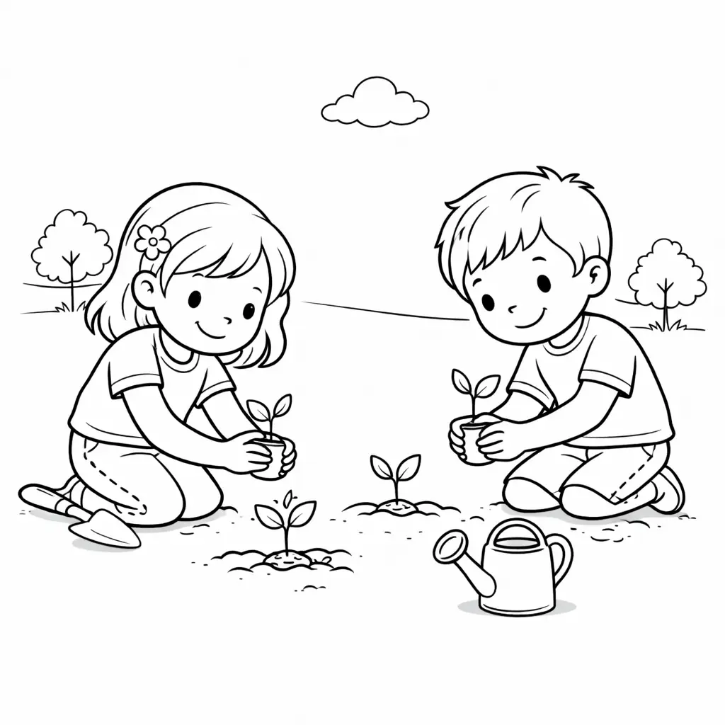 דף צביעה של ילדים שותלים שתילים באביב להדפסה