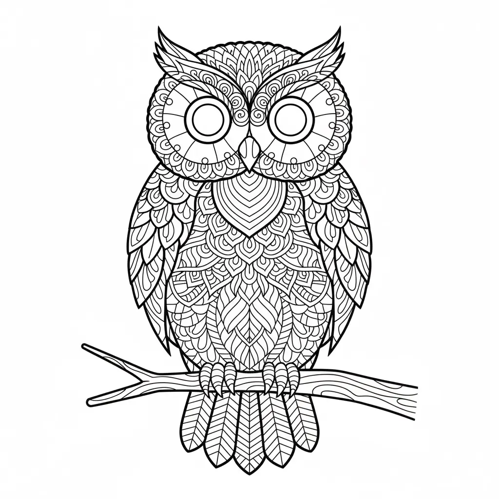 דף צביעה של ינשוף על ענף זנטנגל להדפסה