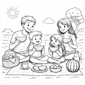 דף צביעה של משפחה בפיקניק בקיץ להדפסה