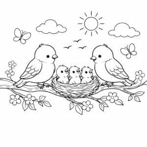 דף צביעה של משפחת ציפורים באביב להדפסה